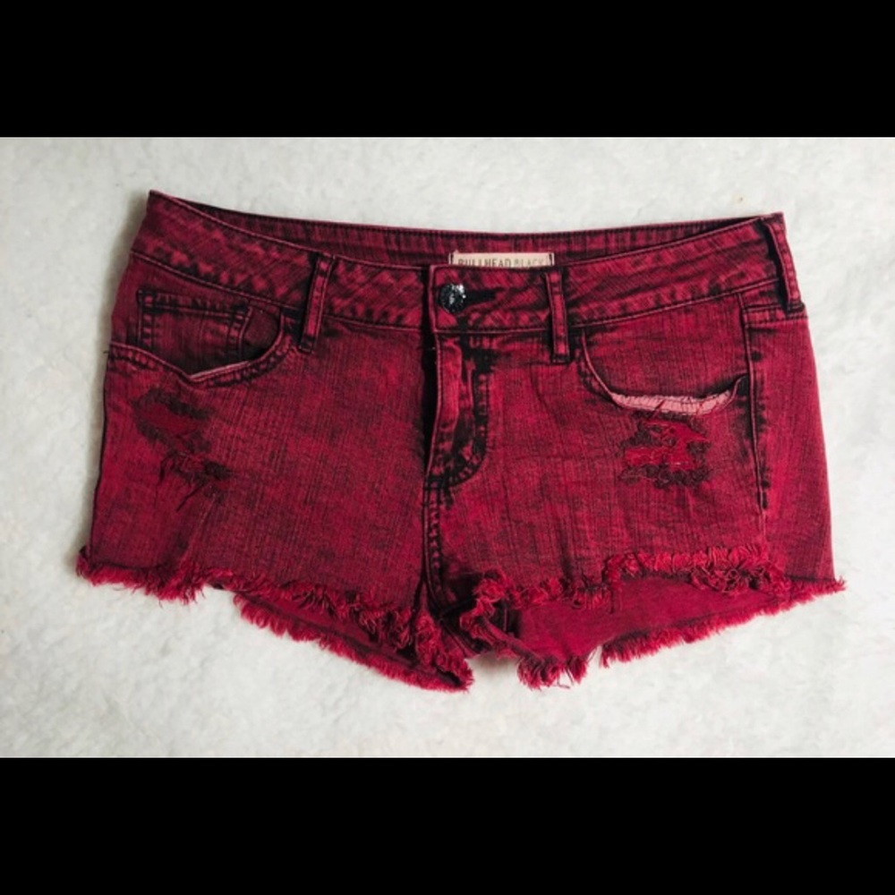 Bullhead Maroon Distressed Fringe Jean Shorts
